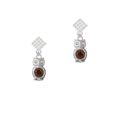 3-D Brown & AB Crystal Owl White Clear Crystal Diamond-Shape Earrings