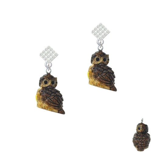 Resin Sitting Owl White Clear Crystal Diamond-Shape Earrings