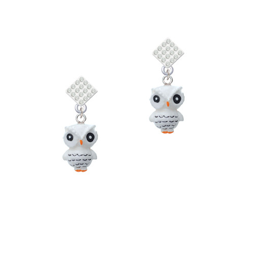 Resin White Snow Owl White Clear Crystal Diamond-Shape Earrings