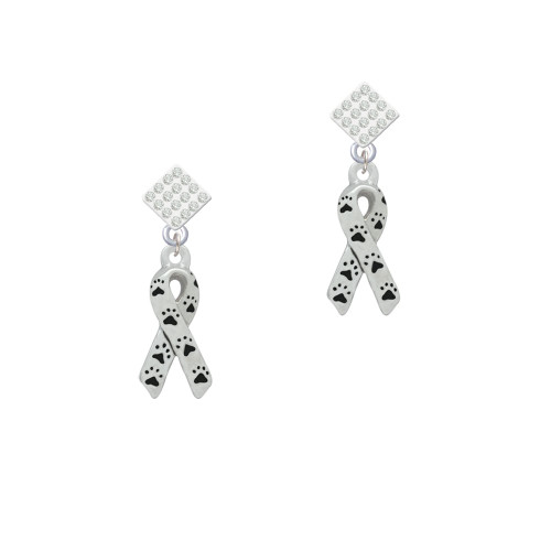 Small Antiqued Ribbon with Paws White Clear Crystal Diamond-Shape Earrings