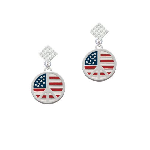 Large Peace Sign with USA Flag White Clear Crystal Diamond-Shape Earrings