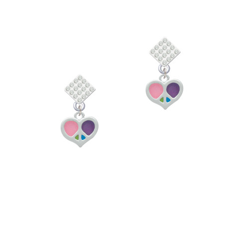 Small Enamel Heart Peace Sign White Clear Crystal Diamond-Shape Earrings