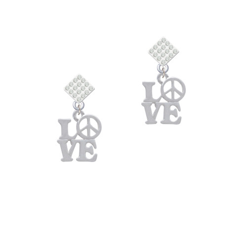 Love with Peace Sign White Clear Crystal Diamond-Shape Earrings