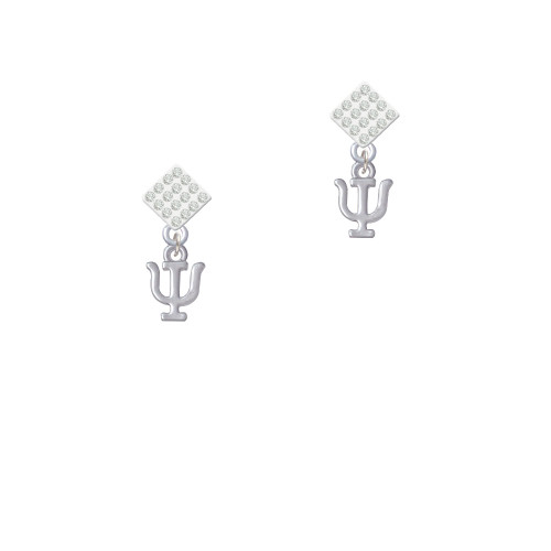 Small Greek Letter - Psi - White Clear Crystal Diamond-Shape Earrings