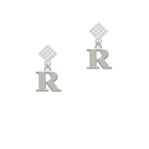 Large Initial - R - White Clear Crystal Diamond-Shape Earrings