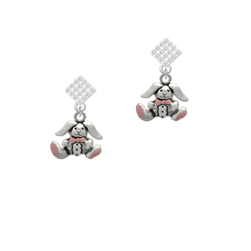 Sitting Bunny with Easter Egg White Clear Crystal Diamond-Shape Earrings