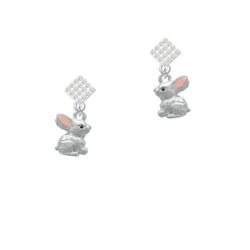 3-D Bunny White Clear Crystal Diamond-Shape Earrings