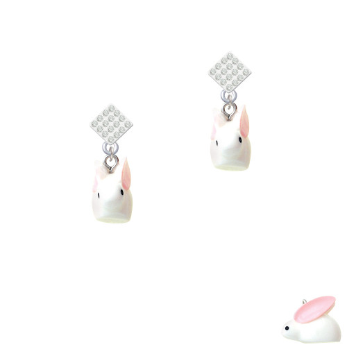 Resin White Big Ear Bunny White Clear Crystal Diamond-Shape Earrings
