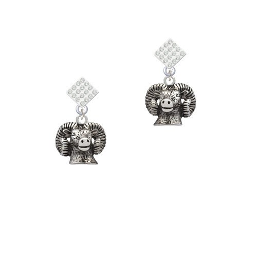 Ram Head White Clear Crystal Diamond-Shape Earrings