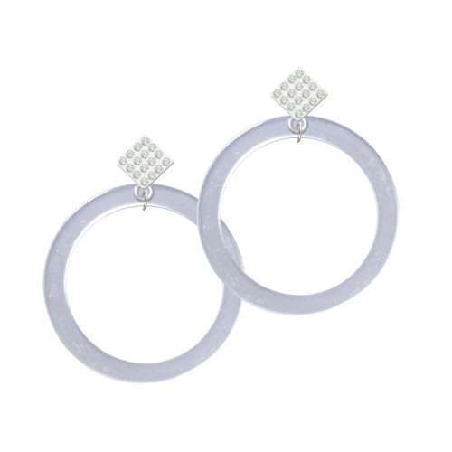 Acrylic 1 1/2" Ring Imitation Pearl White Clear Crystal Diamond-Shape Earrings
