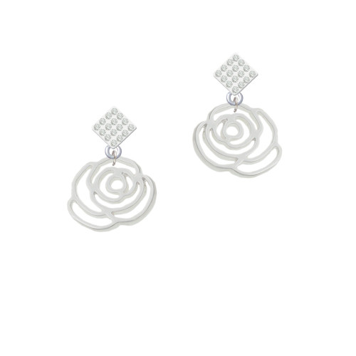 Large Rose Outline White Clear Crystal Diamond-Shape Earrings
