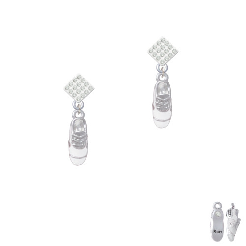 3-D White Running Shoe White Clear Crystal Diamond-Shape Earrings