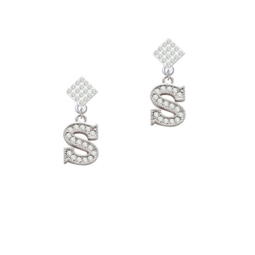 Crystal Initial - S - Beaded Border - White Clear Crystal Diamond-Shape Earrings