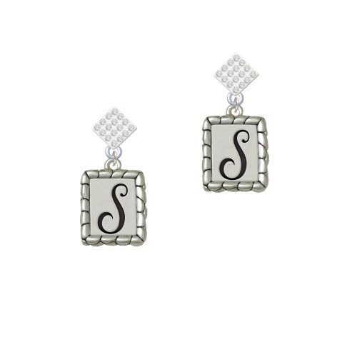 Pebble Border Initial - S White Clear Crystal Diamond-Shape Earrings