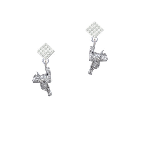 Western Saddle White Clear Crystal Diamond-Shape Earrings