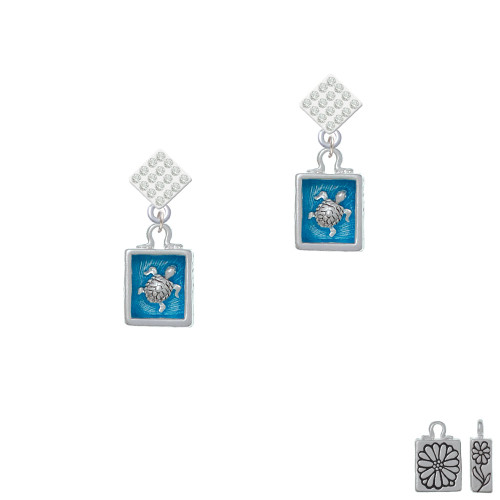 Sea Turtle in Shadow Box White Clear Crystal Diamond-Shape Earrings