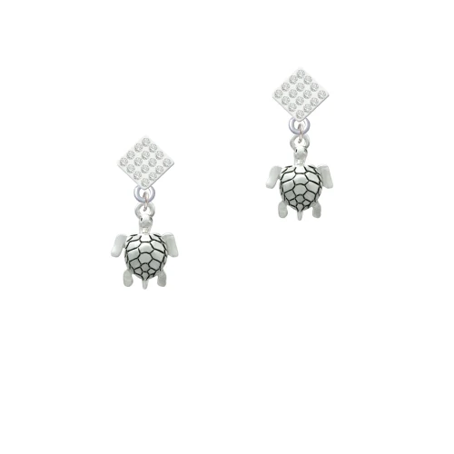 Sea Turtle White Clear Crystal Diamond-Shape Earrings
