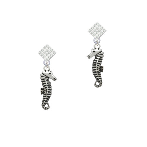 Antiqued Seahorse White Clear Crystal Diamond-Shape Earrings
