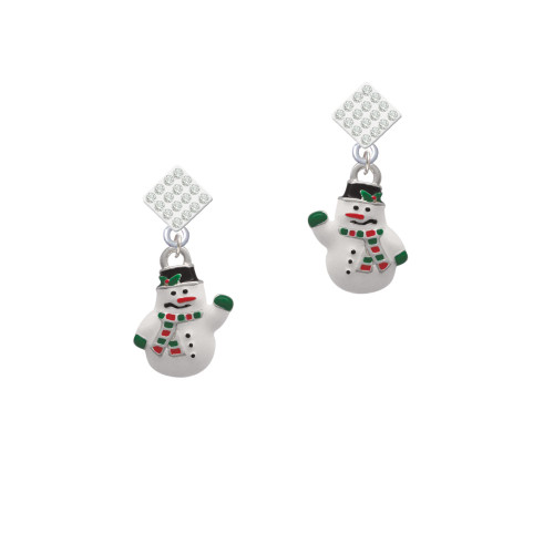 White Enamel Snowman White Clear Crystal Diamond-Shape Earrings