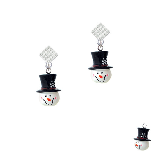 Resin Snowman Head with Top Hat White Clear Crystal Diamond-Shape Earrings