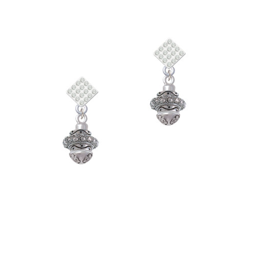 Silver Tone Center Spacer Spinner White Clear Crystal Diamond-Shape Earrings