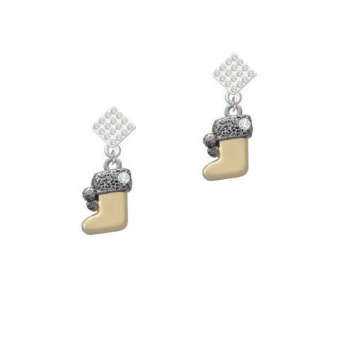 3-D Gold Tone Stocking with Fur and Clear Crystal White Clear Crystal Diamond-Shape Earrings