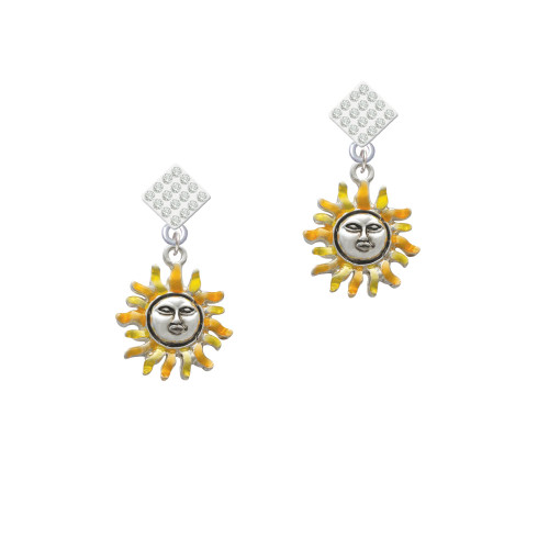 Enamel Sun White Clear Crystal Diamond-Shape Earrings