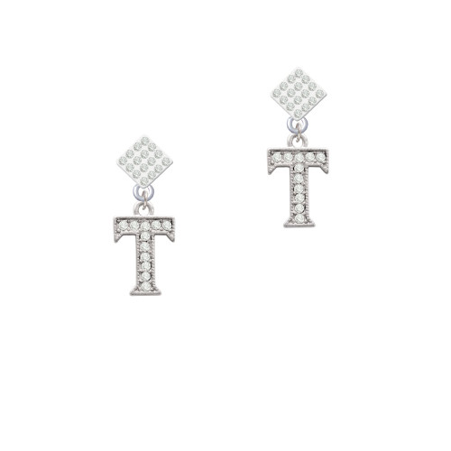 Crystal Initial - T - Beaded Border - White Clear Crystal Diamond-Shape Earrings