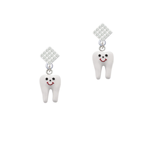 Enamel Tooth White Clear Crystal Diamond-Shape Earrings