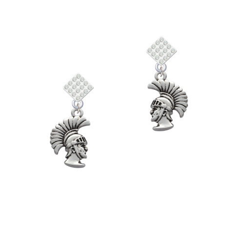Large Trojan - Mascot White Clear Crystal Diamond-Shape Earrings