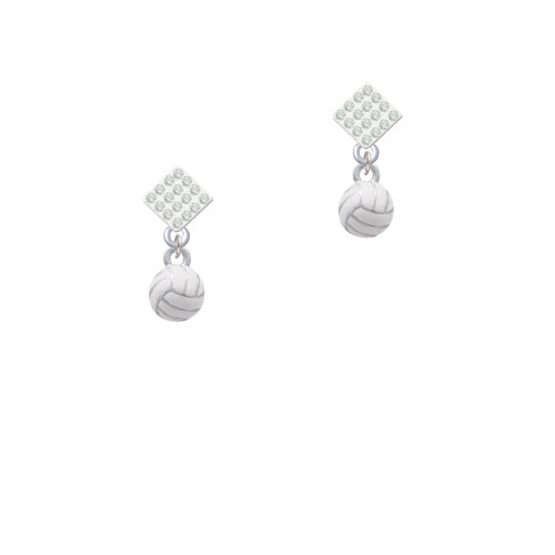 3-D White Volleyball White Clear Crystal Diamond-Shape Earrings