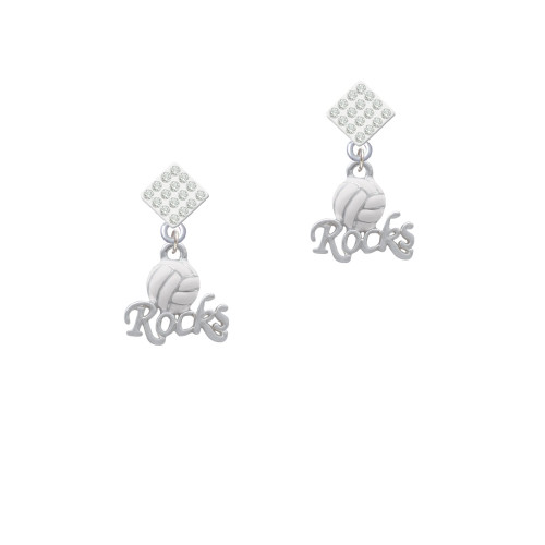 Enamel Volleyball ''Rocks'' White Clear Crystal Diamond-Shape Earrings