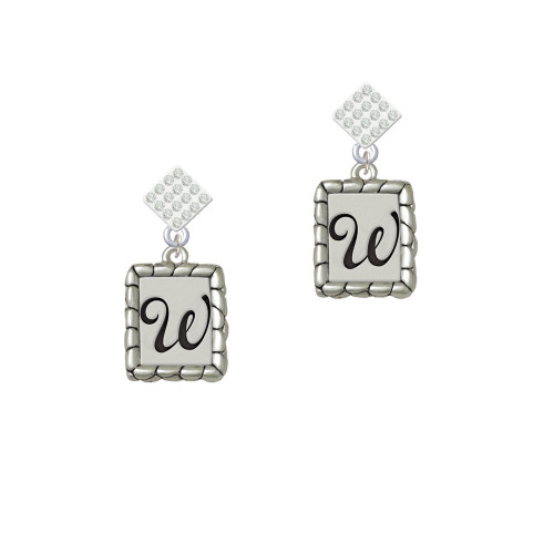 Pebble Border Initial - W White Clear Crystal Diamond-Shape Earrings