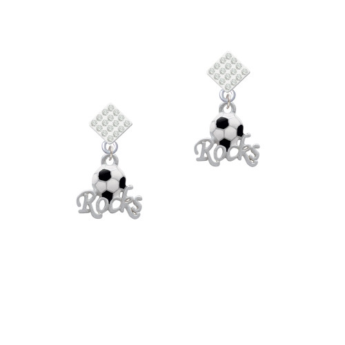 Enamel Soccer ball ''Rocks'' White Clear Crystal Diamond-Shape Earrings