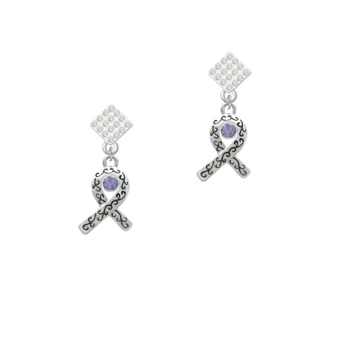 Scroll Ribbon with Lavender Crystal White Clear Crystal Diamond-Shape Earrings