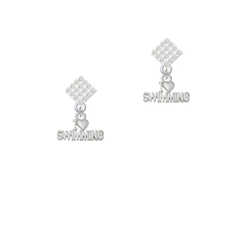 I Heart Swimming White Clear Crystal Diamond-Shape Earrings
