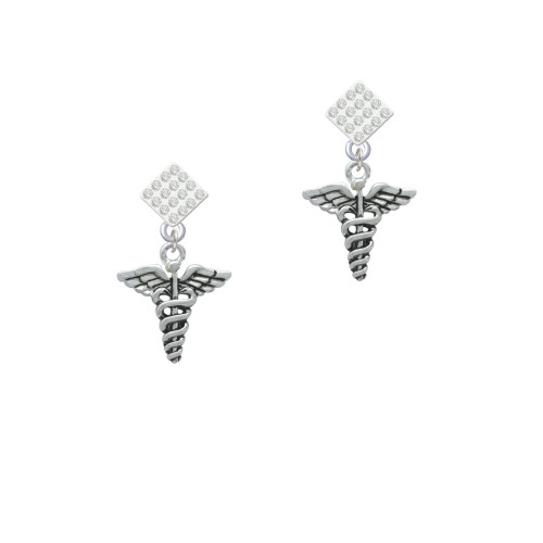 Caduceus White Clear Crystal Diamond-Shape Earrings