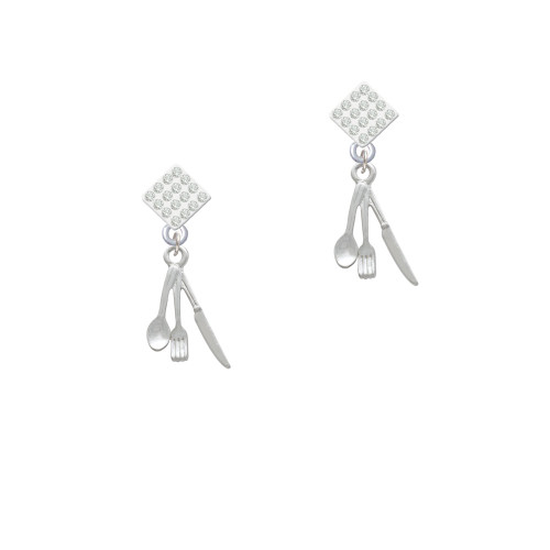 Fork Knife and Spoon White Clear Crystal Diamond-Shape Earrings