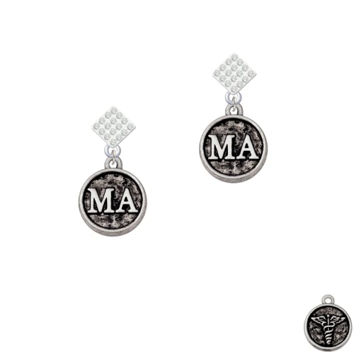 Medical Assistant Caduceus Seal - MA White Clear Crystal Diamond-Shape Earrings