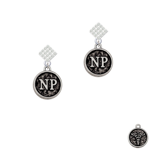 Nurse Caduceus Seal - NP White Clear Crystal Diamond-Shape Earrings