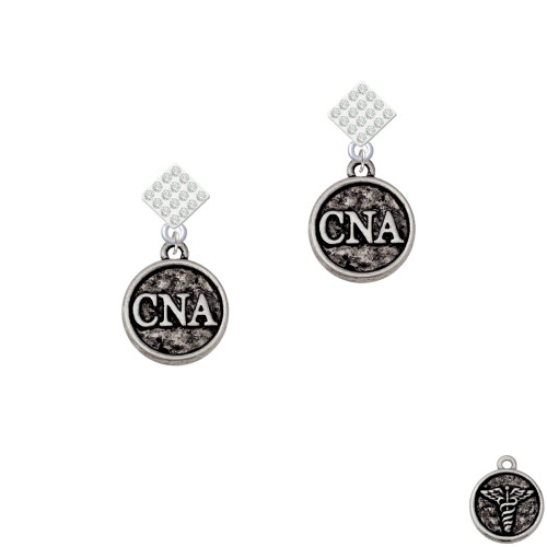 Nurse Caduceus Seal - CNA White Clear Crystal Diamond-Shape Earrings