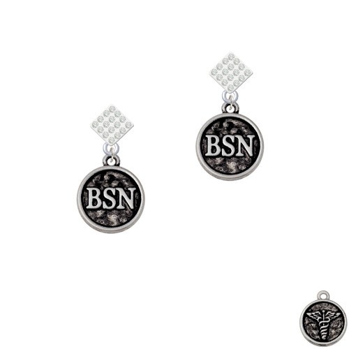 Nurse Caduceus Seal - BSN White Clear Crystal Diamond-Shape Earrings