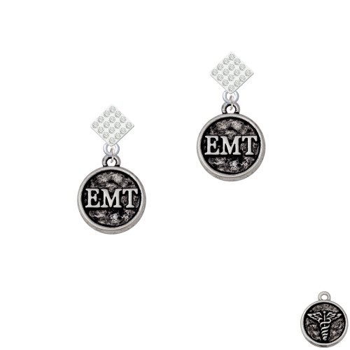 Medical Caduceus Seal - EMT White Clear Crystal Diamond-Shape Earrings