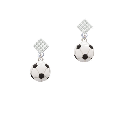 Large Enamel Soccer ball White Clear Crystal Diamond-Shape Earrings