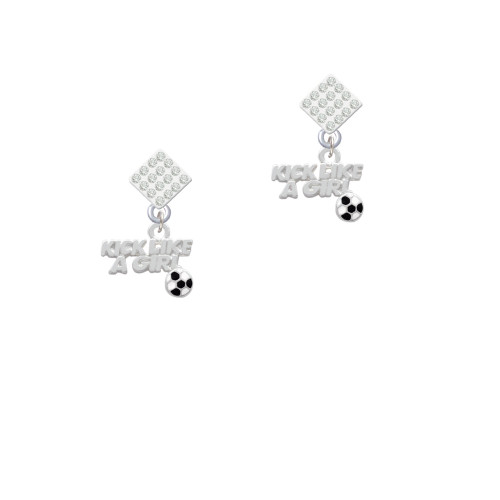 Kick Like a Girl with Enamel Soccer Ball White Clear Crystal Diamond-Shape Earrings