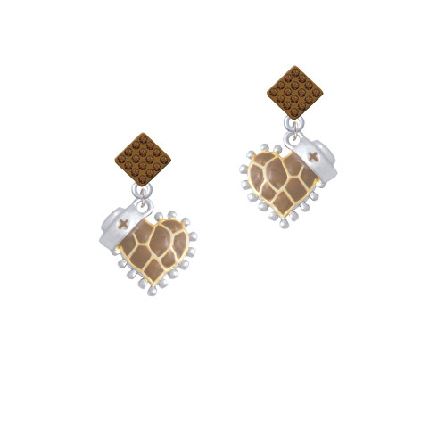 Brown Giraffe Print Heart with Nurse Hat Brown Crystal Diamond-Shape Earrings