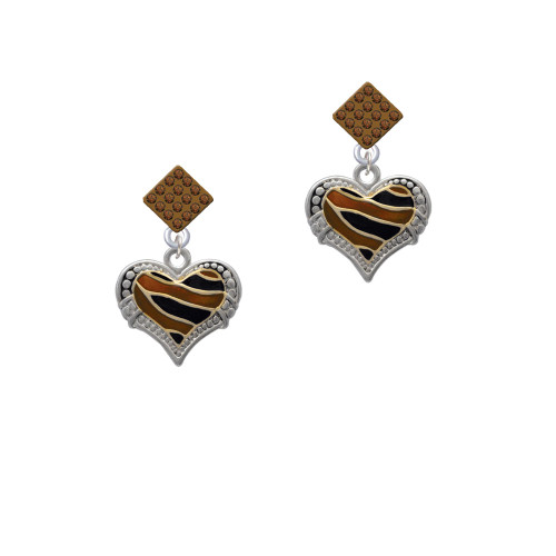 Two Tone Enamel Tiger Print Heart Brown Crystal Diamond-Shape Earrings
