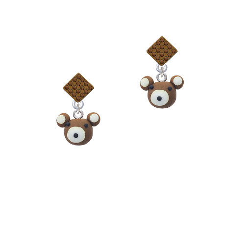 Fimo Clay Teddy Bear Brown Crystal Diamond-Shape Earrings