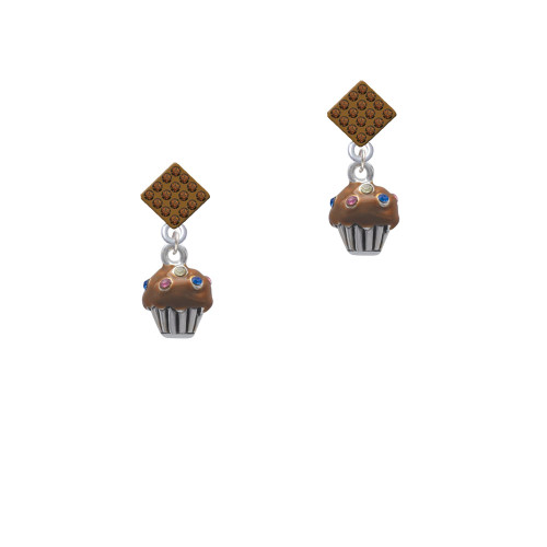 Small Chocolate Cupcake with Crystal Sprinkles Brown Crystal Diamond-Shape Earrings