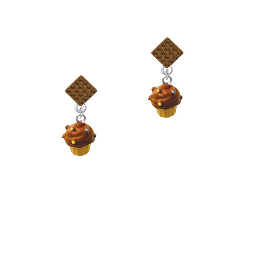 Resin Mini Vanilla Cupcake with Chocolate Frosting Brown Crystal Diamond-Shape Earrings
